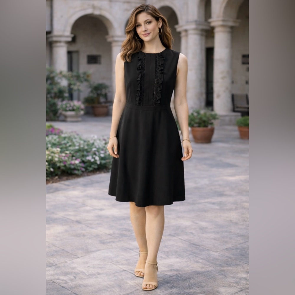 Tahari Levine Dress 14 Black Tuxedo Bib Ruffle A Line Career Church
